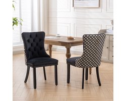 Gestoffeerde eetkamerstoelen set van 2, handgetuftte fluwelen stoelen, achterkant met geometrisch patroon van gouden draad, spijkerkopbeslag & metalen trekring, massief houten poten voor eetkamer keuken, DE2201BK