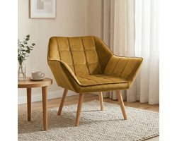 Gestoffeerde fauteuil - accentstoel - Scandinavisch design - fluweellook - tot 120 kg - poten van rubberhout - geel