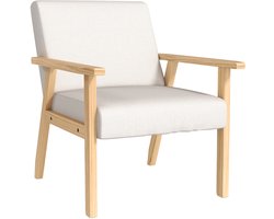 Gestoffeerde fauteuil met armleuningen-eetkamerstoel in linnenlook-massief houten frame-64 x 70 x 72 cm-crème