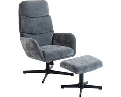 Gestoffeerde fauteuil met voetenbank - loungestoel met hoge rugleuning - metalen onderstel - voor woonkamer - slaapkamer - grijs
