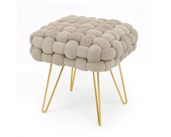 Gestoffeerde Fluwelen Poef DOTTY 38 cm / Vierkante Poef met Gouden Poten / Stijlvolle Kruk / Kaptafelkruk / Halstoel / Woonkamerstoel / Ingetogen Beige