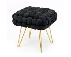 Gestoffeerde Fluwelen Poef DOTTY 38 cm / Vierkante Poef met Gouden Poten / Stijlvolle Kruk / Kaptafelkruk / Halstoel / Woonkamerstoel / Zwart