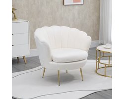 Gestoffeerde schelpfauteuil wit – loungestoel met metalen poten en fleece-look bekleding