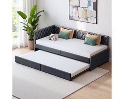 Gestoffeerde slaapbank 90 x 200 cm met uittrekbaar bed, eenpersoonsbed, slaapbank, slaapbankframe met lattenbodem, grijs (zonder matras)