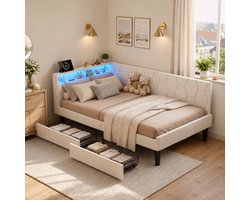 Gestoffeerde slaapbank 90x200 cm, bed met 2 lades, opbergruimte, ledverlichting, hoofdbord en USB- en Type-C-poort, eenpersoonsbed met lattenbodem, fluweel Beige