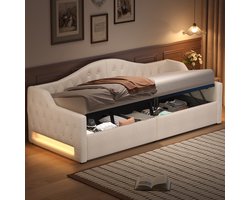 Gestoffeerde slaapbank 90x200 met ledstrip en opbergruimte eronder, beige
