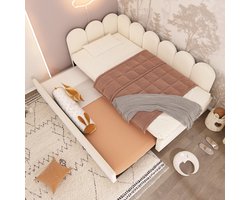 Gestoffeerde slaapbank 90x200cm, slaapbank met uitschuifbed 90x190cm, kinderbed met lattenbodem, fluweel, beige, zonder matras