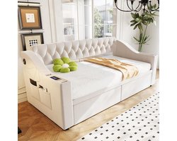 Gestoffeerde Slaapbank - Bank Bed - Ontspannen en Slapen - Met Ingebouwde Opbergruimte - 90 x 190 cm - Beige