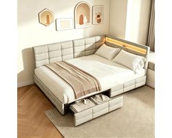 Gestoffeerde slaapbank - Logeerbed met laden - Ruimtebesparend wonen - Geïntegreerde LED en USB - 140 x 200 cm - Beige
