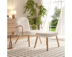 Gestoffeerde stoel met ottomaanse, moderne, gewatteerde kasjmier relaxfauteuil met massief houten onderstel, leesstoel, fauteuil, enkele stoel voor woonkamer/slaapkamer (gebroken wit)