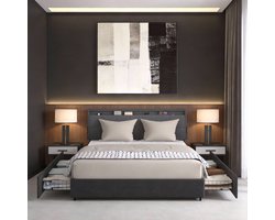 Gestoffen Bed - Van Linnenstof - 140x200cm - Bedframe - Met Rolbare Lades - Gepolsterd Hoofdeinde - Metalen Frame - Ladebed - Met Opbergruimte Onder Het Bed - Donkergrijs - NAIZY