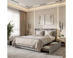Gestoffen Bed - Van Linnenstof - 140x200cm - Bedframe - Met Rolbare Lades - Gepolsterd Hoofdeinde - Metalen Frame - Ladebed - Met Opbergruimte Onder Het Bed - Lichtgrijs - NAIZY