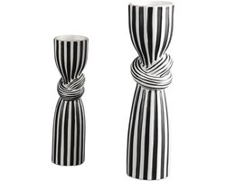 Gestreepte Kandelaar - Keramiek Kaarshouder - Woondecoratie - Klassieke Elegantie - 10 cm Hoogte - Zwart Wit