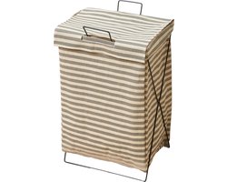 Gestreepte Katoenen Wasmand met IJzeren Frame en Deksel - Inklapbare Wasmand - 36 cm x 28 cm x 59 cm