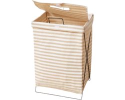 Gestreepte Katoenen Wasmand met IJzeren Frame en Deksel - Inklapbare Wasmand - 36 cm x 28 cm x 59 cm