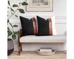 Gestreepte Kussenhoezen - Duurzaam Katoen en Vegan Leer - Set van 2 - 45x45 cm