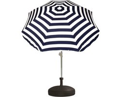 Gestreepte parasol blauw/wit - met rotan kunststof parasolvoet - zwart - diameter parasol 180 cm