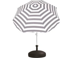 Gestreepte parasol grijs/wit - met rotan kunststof parasolvoet - zwart - diameter parasol 180 cm