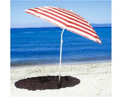 Gestreepte parasol rood/wit - met rotan kunststof parasolvoet - zwart - diameter parasol 180 cm