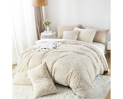 Getuft beddengoed 200 x 220 cm beige boho geometrisch vintage omkeerbaar microvezel beddengoedset shabby chic bohemien dekbedovertrek met ritssluiting en 2 kussenslopen 80 x 80 cm