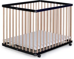 Geuther Leon Baby Box, Opvouwbare Playpen - Inklapbaar Babybedje - Kinderbox op wieltjes - Bodem Verstelbaar in 3 hoogtes - 110x80 cm - Naturel/Zwart