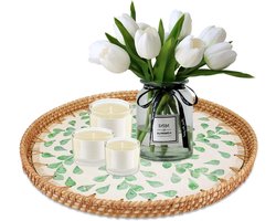 Gevlochten bord voor salontafel - Decoratief rond dienblad - Rotan dienblad voor tafeldecoratie - Koffie en brood presentatie - Opslag - Groen blad - 13,7 inch