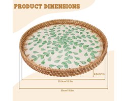 Gevlochten bord voor tafeldecoratie - Rond dienblad van 13,7 inch voor salontafel - Rotan dienblad voor opslag - Presentatie van koffie, brood - Groen blad - Decoratief