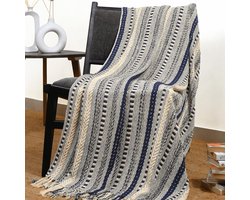 Gevlochten gestreepte plaid deken katoen 50 x 60 inch zachte gezellige marineblauwe deken met decoratieve kwastjes voor slaapbank stoel bed woondecoratie