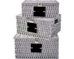 Gevlochten opbergmand Plankmanden met deksels, set van 3 rotan manden gemaakt van papiertouw, opbergdozen voor het opbergen en organiseren van badkamer/kamer/handdoeken/make-up, grijs