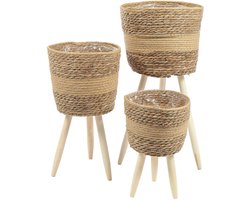 Gevlochten Plantenpot driepoot Groot | Ø30cm – Handgevlochten Bloempot op Pootjes – Natuurlijke Plantenpot met Houten Frame – plantenpot