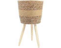Gevlochten Plantenpot Driepoot | Ø25cm | – Handgevlochten Bloempot op Pootjes – Natuurlijke Plantenpot met Houten Frame