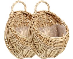 Gevlochten stro bloemenmanden met handvat voor planten - set van 2 - decoratieve zeegras manden voor huis, balkon en tuin