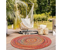 Gevlochten Tapijt - Rond vloerkleed - Woonkamer decoratie - Handgeweven jute katoen - 152 cm rond - Meerkleurig