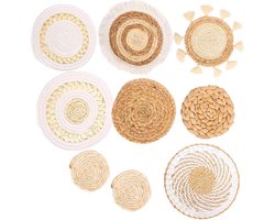 Gevlochten Wanddecoratie - Rieten Manden Set - Woonkamer Aankleden - Handgeweven Natuurlijk Materiaal - 9 Delige Set - Natuurlijk