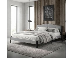 Gewatteerde Bed 160x200 cm Tweepersoonsbed met Stabiel Bedframe, Bedombouw met Gestoffeerd Hoofdbord en Lattenbodem Modern Jeugdbed met Stalen Frame en Linnen Bekleding voor Slaapkamer Grijs