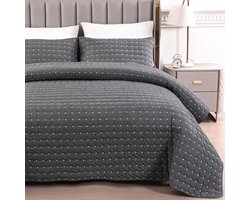 Gewatteerde Bedsprei - Ultrazacht Katoen met Borduurwerk - Voor Bed en Bank - Donkergrijs 220x240 cm met 2 Kussenbezügen