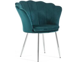 Gewatteerde fauteuil met schelp-rugleuning van fluweel en verchroomde poten, ideale stoel voor woonkamer, slaapkamer of eetkamer