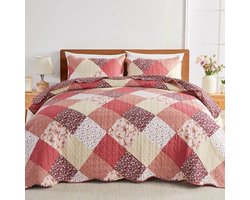 Gewatteerde sprei - Patchwork quilt - Lichtgewicht en zacht - Super King 250x270cm - Bloemenprint - Geschikt voor slaapkamer - Rood roze ...