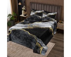 Gewatteerde Sprei Set - Dekbedovertrek - Slaapkamer Decoratie - Gouden Gebarsten Lijnen - 240 x 220 cm - Wit Grijs Marmer