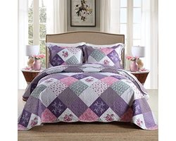 Gewatteerde Spreien Set King Size 230x250 cm Paarse Bloemen Patchwork Patroon Zachte Pylo-Katoen Deken Met Kussenslopen 3-Delig Tweepersoonsbed Beddengoed