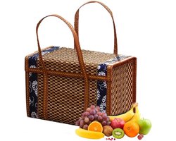 Geweven bamboe picknickmand met deksel en handvat, boodschappenmand, groente en fruitmand van gras, geschenkmand voor outdoor, camping, picknick, Valentijnsdag, Kerstmis