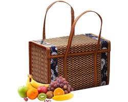 Geweven bamboe picknickmand met deksel en handvat - boodschappenmand - groente en fruitmand van gras - geschenkmand voor outdoor camping - Valentijnsdag - Kerstmis
