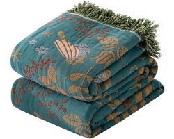 Geweven deken patroon - Boho Katoenen Woondeken - met Bloemen en Vogels - 150x200cm - Groen | Bohemian Throw Blanket - 100% Katoen - Sierdeken voor Bank of Bed - Farmhouse Stijl - Dubbelzijdig