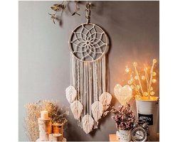 Geweven Grote Macramé Dromenvanger met Kwasten - Boho Wanddecoratie voor Thuis - Boheems Wandtapijt met Bladveer - Muurkunst en Decoratie