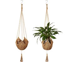 Geweven jute hangplantenset - 2-delige set - Geschikt voor potten met een diameter van 7.5 cm tot 30 cm - Handgeweven hangende plantenbak met S-haken - Ideaal voor huisdecoratie - kamerplanten en feestdecoraties - Natuurlijke bruine afwerking