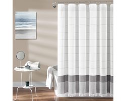 Geweven katoenen douchegordijn met grijze strepen en franje voor badkamer