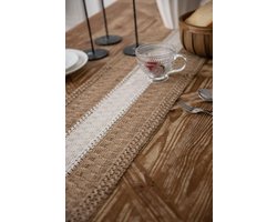 Geweven macramé tafelloper van katoen en linnen met kwastjes - Tafeldecoratie - Eettafel decoratie - Rustieke boho bruiloft - 30 x 120 cm - Bruin