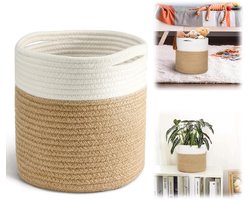 Geweven mand - Bloempotovertrek - Katoenen wasmand - Ronde opbergmand - Decoratiemand voor planten - Met handvat - Opvouwbaar - Voor potplanten, vuile was, speelgoed, boeken (20*20 cm - Geel-witte combinatie)