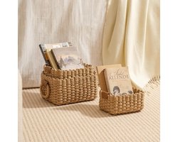 Geweven rieten opbergmanden, papieren touw opbergdozen bak organizer verdeler voor kasten lade kast plank dressoir, set van 3 (woestijn)