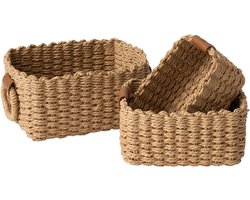Geweven rieten opbergmanden-papieren touw opbergdozen-bak organizer voor kasten-lade kast plank dressoir set van 3 (woestijn)